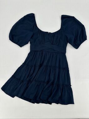 Trixxi Navy Milkmaid Gathered Bust Puff Sleeve Tiered Fit & Flare Mini Dress Med